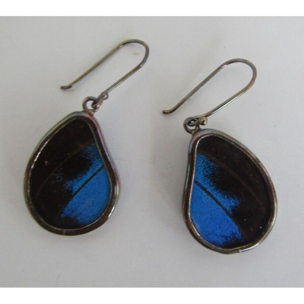 Sterling Silver Butterfly Wing Earrings Vintage Deadstock Blue Black Stamped 925